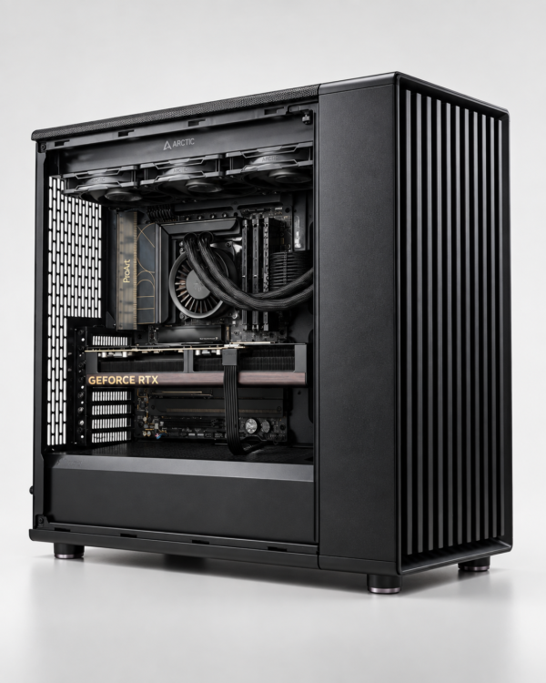 Binnenzijde van de Neural Forge Pro AI Workstation met 360 mm waterkoeling