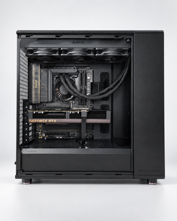 Recht zijaanzicht van de professionele Neural Forge Pro AI Workstation